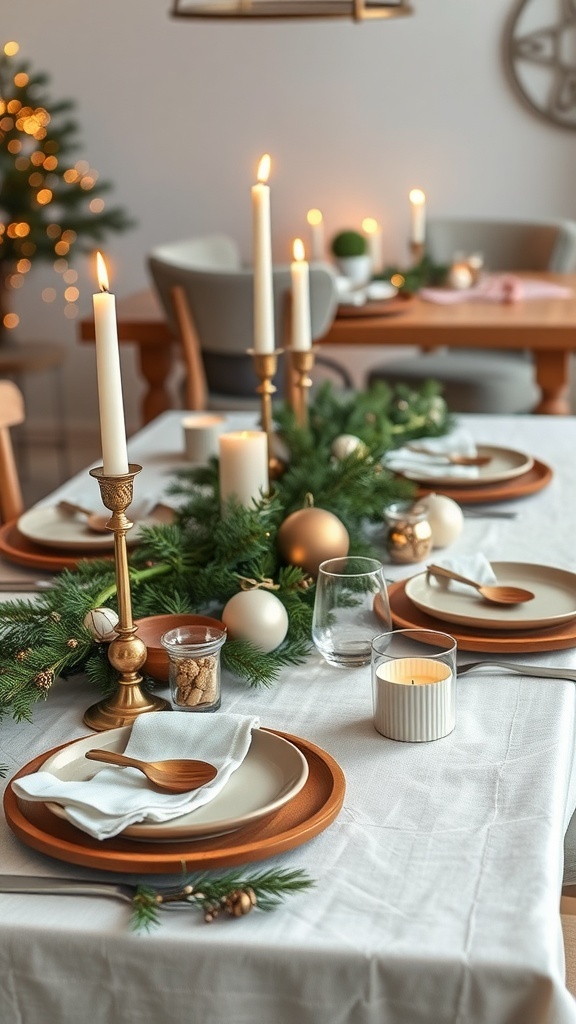 Japandi Christmas Table Settings Japandi-style Christmas table setting with neutral colors, wooden dishes, greenery, and candles.
